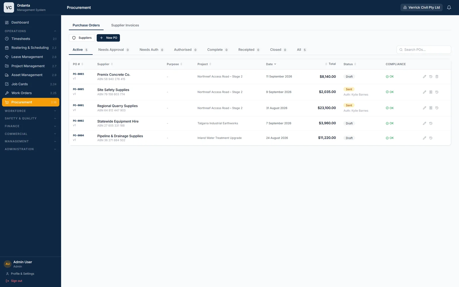 The Procurement module: a purchase order register listing supplier, project, date, total, approval status and a compliance check on each order